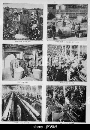 1912-Darstellung, die verschiedenen Prozesse in Baumwolle, Kommissionierung, Produktion, Weberei, kardieren und Spinnen Stockfoto