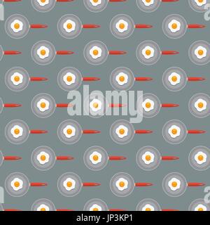 Nahtlose Vektormuster mit Spiegeleier in einer Pfanne. Flach und einfarbig Vektor. Stock Vektor