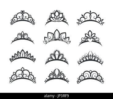 Vektor-Tiara-Set. Schöne Königin Diademe oder Prinzessin Krone Silhouetten für Hochzeitskarten und Vignetten Stock Vektor