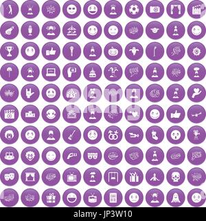 100 Emotion Icons set lila Stock Vektor