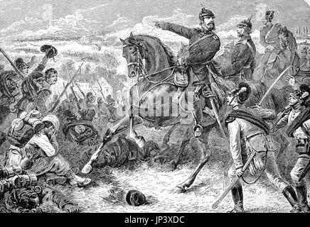 Der Kronprinz in der Schlacht Woerth am 6. August 1870, auch bekannt als die Schlacht von Reichshoffen oder als die Schlacht von Froschwiller, in der Nähe von Truppen aus Deutschland, die unter dem Kommando von Kronprinz Frederick Dorf Woerth im Elsass, Frankreich, digital verbesserte Wiedergabe einer Holzschnitt-Publikation aus dem Jahr 1888 Stockfoto