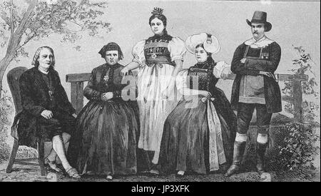 Menschen aus dem Schwarzwald in ihren Volkstrachten, Deutschland, digital verbesserte Wiedergabe einer Holzschnitt-Publikation aus dem Jahr 1888 Stockfoto