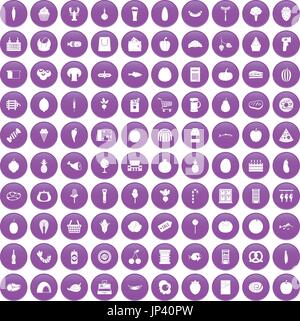 100 Grocery shopping Icons set lila Stock Vektor