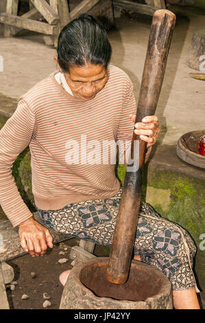 Ubud, Bali, Indonesien - 27. Juli 2013. Bäuerin auf dem Boden sitzend Rösten Kakao in traditionellen Platten Stockfoto