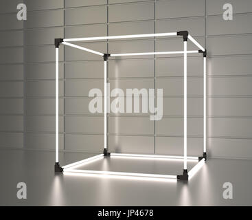 Leuchtende Würfel Schaufenster auf Wandfliese Hintergrund grau Metall mit Reflexion. 3D-Rendering Stockfoto