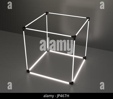 Leuchtende Würfel Schaufenster auf grauem Hintergrund mit Reflexion. 3D-Rendering Stockfoto