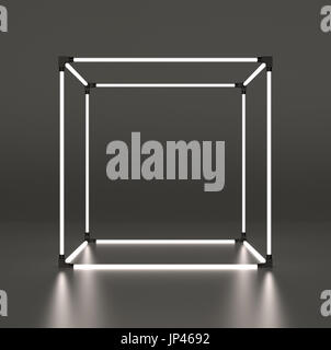 Leuchtende Würfel Schaufenster auf grauem Hintergrund mit Reflexion. 3D-Rendering Stockfoto