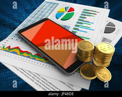 3D Abbildung des Mobiltelefons über digitale Hintergrund mit Münzen und Geschäftspapiere Stockfoto