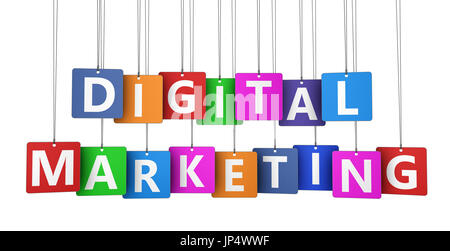 Digital marketing Zeichen und Wort auf farbiges Papier Tags 3D Illustration isoliert auf weißem Hintergrund. Stockfoto