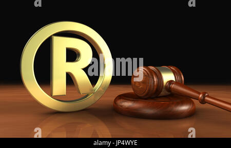 Eingetragenes Warenzeichen Recht Geschäftskonzept mit golden Trade Mark-Symbol und Hammer 3D Illustration. Stockfoto