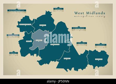 Moderne Karte - Etiketten metropolitan County West Midlands mit District England UK Stock Vektor