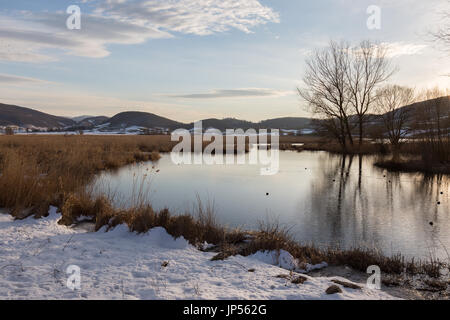 Ein See im Winter mit Schnee, Bäume, Wasser und einem schönen Himmel mit weißen Wolken und warmen Sonnenuntergang Farben reflektieren Stockfoto