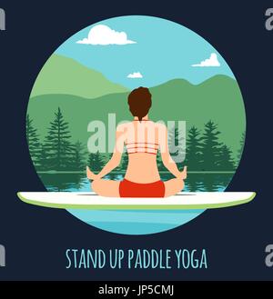 Frau am See Berglandschaft Stand Up Paddle Yoga Training Stand Up Paddling Yoga am Paddle Board auf dem Wasser zu tun Stock Vektor