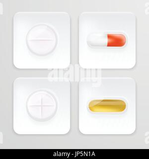 3D Verpackungen für Medikamente Schmerzmittel, Antibiotika, Vitamine und Aspirin-Tabletten. Satz von weißen Blister realistische Icons mit Pillen und Kapseln auf einem Hintergrund isoliert. Vektor-Illustration. Stock Vektor