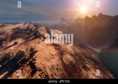 Sonnenuntergang auf dem Mars. Berglandschaft, 3d illustration Stockfoto