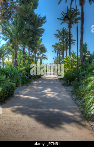 Von Bäumen gesäumten Eingang zum El Cason im Hacienda Riquelme Golf Resort in Murcia Spanien Stockfoto