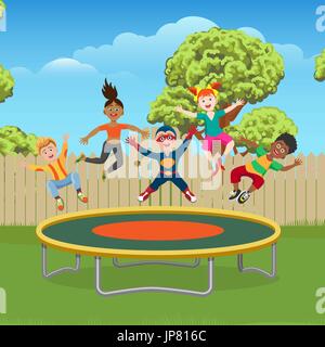 Energetische und glückliche Kinder springen auf dem Trampolin im Garten, Vektor-Illustration Stock Vektor