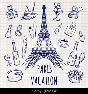 Paris oder Frankreich Symbole Skizzieren auf Notebook Hintergrund, Vektor-illustration Stock Vektor