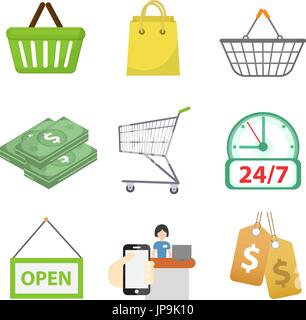 Einkaufen-Icon-Set, flach Stil. Shop-Symbolsammlung isoliert auf weißem Hintergrund. Speichern von Objekten und Elementen. Vektor-Illustration, Clip-Art. Stock Vektor