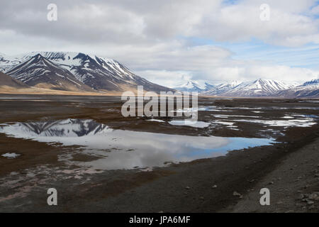 Blick über Adventfjorden mit Schnee bedeckten Bergen im Hintergrund. Aufgenommen im Juni, Spitsbergen, Longyearbyen, Svalbard, Norwegen Stockfoto