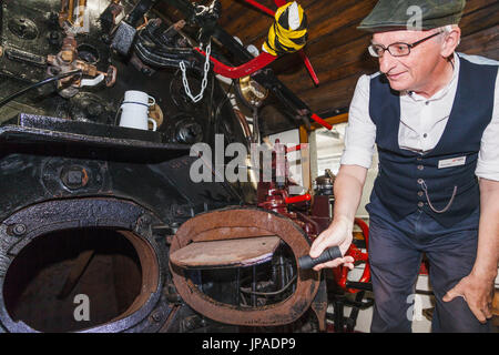 England, County Durham, Shildon, Fortbewegung National Railway Museum, historische Dampf Zug Fußplatte und Motor Stockfoto