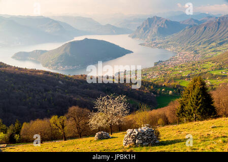 Sonnenuntergang über den Iseo See und Montisola, Brescia Provinz, Italien, Lombardei Bezirk, Europa. Stockfoto