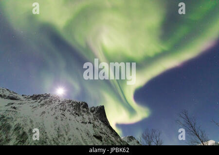 Nordlicht und Sterne auf den schneebedeckten Gipfeln in die arktische Polarnacht Bergsbotn Senja Tromsø Norwegen Europa Stockfoto