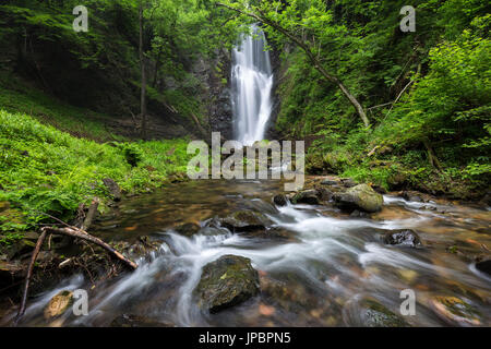 Der Wasserfall namens Pesegh oder Pesech, erstellt von den Torrent Valmolina in Brinzio, Valcuvia, Parco del Campo dei Fiori, Bezirk Varese, Lombardei, Italien. Stockfoto