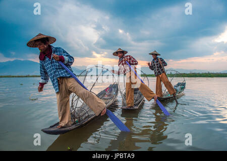 Inle-See, Nyaungshwe Township Taunggyi Bezirk, Myanmar (Burma). Dir lokale Fischer Rudern in Reihe. Stockfoto