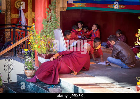 Matho Kloster, Industal, Ladakh, Indien, Asien. Die Mönche lernen in der Klosterschule. Stockfoto