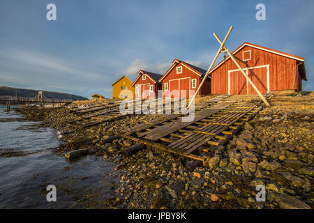 Die Farben der Dämmerung leuchten die Häuser der Fischer Flatanger Trøndelag Norwegen Europa Stockfoto