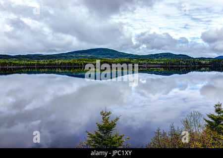 Ruhigen klaren See mit bewölkten lila Reflexion von Wald in Quebec, Kanada Stockfoto