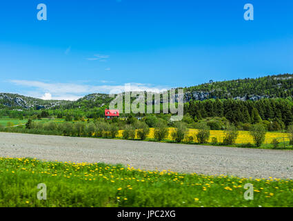 Rot lackiert Dach Haus mit Straße im Sommer Landschaft französischen Landschaft mit Feldern der gelbe Löwenzahn Blumen Stockfoto