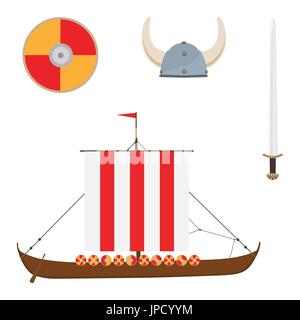 Vektor-Illustration Viking, skandinavischen mittelalterlichen Helm, Schwert, Drakkar versenden und Icon-Set isoliert auf weißem Hintergrund zu schützen Stock Vektor