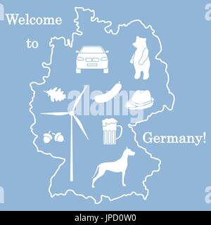 Vector Illustration mit verschiedenen Symbolen in Deutschland. Reisen und Freizeit. Design für Banner, Poster oder Drucken. Stock Vektor