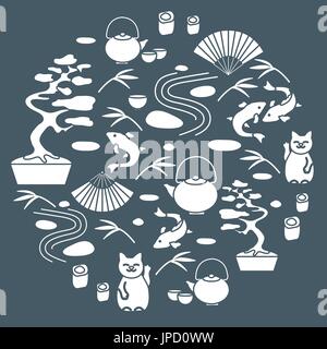 Niedliche Vektor-Illustration mit Bonsai-Baum, minimale Steingarten, japanischer glückliche Katze Maneki Neko, Koi Karpfen und andere in einem Kreis angeordnet. Reise- und le Stock Vektor