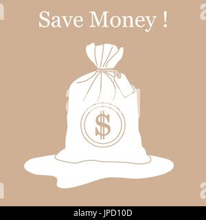 Stilisierte Symbol einer verknoteten Tasche mit Geld. Design für Banner, Poster oder Druck. Stock Vektor