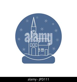 Vector Abbildung: Rathaus mit Uhr und das Haus innen Glaskugel mit Schnee. Design Element für Postkarte, Einladung, Banner oder Flyer i Stock Vektor