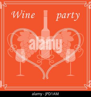 Niedliche Vektor-Illustration der Flasche Wein, Gläser, Trauben und Herz im Rahmen. Weinhandel. Shop, Bar, Restaurant, Weinkeller, Weinproben, Liste oder ev Stock Vektor