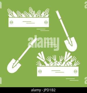 Niedliche Vektor-Illustration der Ernte: zwei Schaufeln, zwei Schachteln mit Mais, Karotten und Zwiebeln. Design für Banner, Poster oder Druck. Stock Vektor