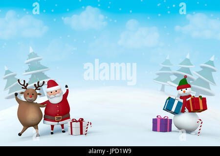 Weihnachtsmann, ein Rentier und einen Schneemann mit Weihnachtsgeschenken in einer verschneiten Winterlandschaft. Stockfoto