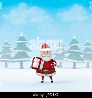 Santa Claus holding ein Weihnachtsgeschenk und eine Zuckerstange in einer verschneiten Winterlandschaft. Stockfoto