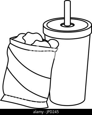 Kartoffelchips-Tasche und Soft-Drink-Symbol auf weißem Hintergrund-Vektor-illustration Stock Vektor