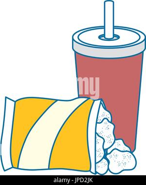 Kartoffelchips-Tasche und Soft-Drink-Symbol auf weißem Hintergrund-Vektor-illustration Stock Vektor