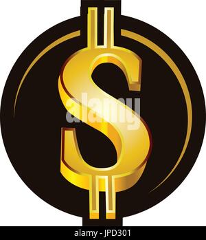 3D gold Dollarzeichen innerhalb eines Kreises, Icon-Design, isoliert auf weißem Hintergrund. Stock Vektor