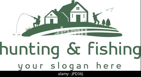auf dem Land auf eine Wiese mit zwei Personen eine Jagd und anderen Fischen, Logo-Design, isoliert auf weißem Hintergrund. Stock Vektor