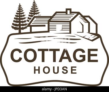 Vintage Cottage mit Kiefer, Logo-Design, isoliert auf weißem Hintergrund. Stock Vektor