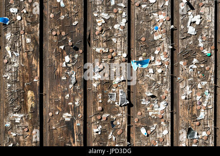 Die Holzwand mit alten Stifte und Klammern. Jahrgang Bulletin Board. Stockfoto