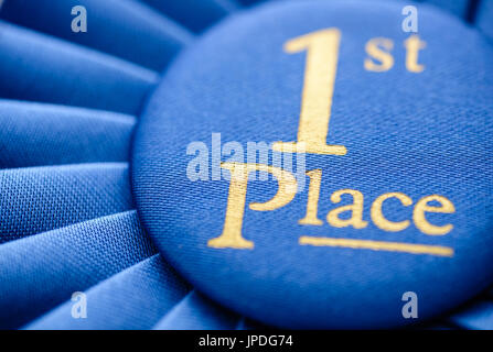 Gewinner Blau erste Ort Rosette weich strukturierte Gewebe und gefalteten Band mit einer Nahaufnahme auf den zentralen gold text Stockfoto