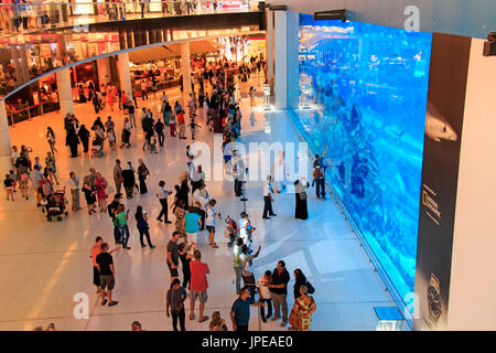 Downtown Burj Dubai in Dubai, Vereinigte Arabische Emirate. Aquarium in der Dubai Mall - weltweit größte Shopping-Mall. Die Menschen genießen die schöne Aussicht. Stockfoto